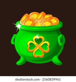 Green pot full of golden coins with clover sign - traditional symbol of St Patrick Day in cartoon style. Cauldron with lucky coins icon for game, slot, greeting card, sticker or print.