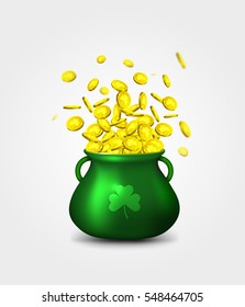 Green pot of gold coins on white background. Irish holiday, celebration party. Irish holiday Saint Patrick's Day. Vector illustration