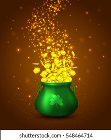 Green pot of gold coins on braun background with golden glowing particles.Irish holiday Saint Patrick's Day. Vector illustration