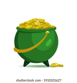 
Green pot with gold coins for Patrick's day. Vector illustration isolated on white background. For banner, poster, flyer, card, invitation. Symbol of good luck and wealth 