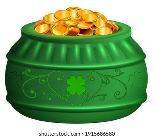 Green pot of gold coins. Saint patricks day treasure symbol clover luck. Vector illustration isolated on white