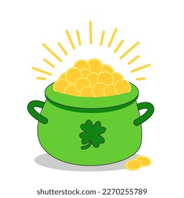 Green pot of gold coins and shamrocks Saint Patricks Day. Groovy, trendy 70s cartoon style. Vector flat illustration.