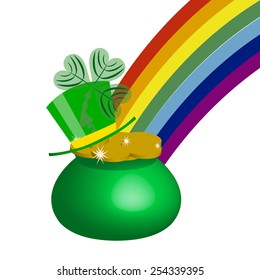 green pot of gold coins St. Patrick's hat and rainbow