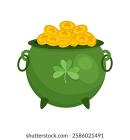 Green pot with gold coins. St. Patrick's Day symbol. Vector illustration on white background.