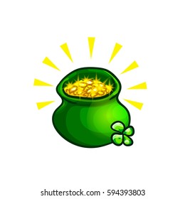 Green pot with gold coins, treasure of leprechauns, and four leaf clover sprig. Vector design element, hand drawn clip art isolated on white
