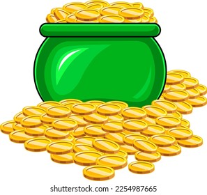 Green Pot Of Gold Coins. Vector Hand Drawn Illustration Isolated On Transparent Background