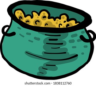Green pot with gold, illustration, vector on white background