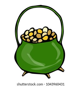Green Pot with Gold. Saint Patricks Day Ireland Vector Illustration Hand Drawn. Savoyar Style Doodle.