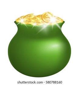 Green pot with shiny gold coins isolated on white background. St Patricks days celebration concept. Vector Illustration