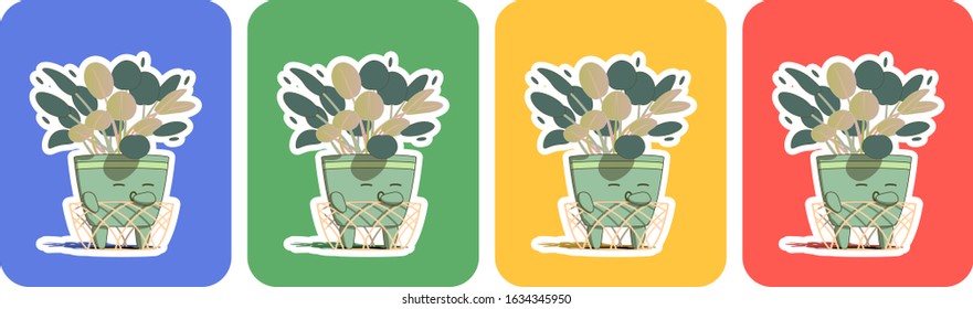 A green pot of violets has just woken up and is holding onto a yellow fence.