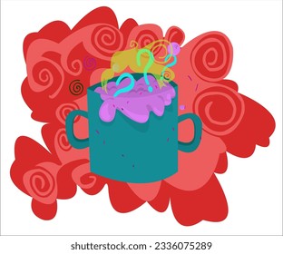 A green pot without a lid, in which  questions are boiled. This surreal illustration about thinking can be used as a logotype for creative companies,  information client services. Vector, isolated.