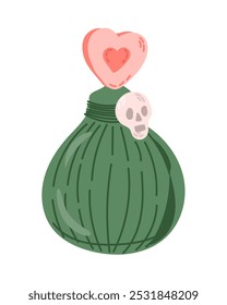 Green potion bottle featuring pink heart stopper and small skull decoration, representing love or magical potion. Witchy Halloween illustration isolated on white background