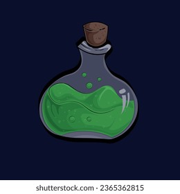 Green potion in a bottle. Vector illustration. Isolated on dark background.