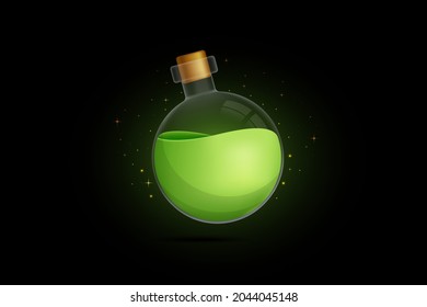 green potion in a closed bottle with sparkling light