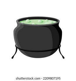 Green potion in a dark pot. Magic. Liquid. Isolated on a white. Vector illustration.