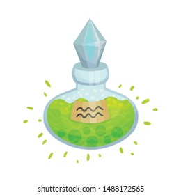 Green potion in a flask. Vector illustration on a white background.