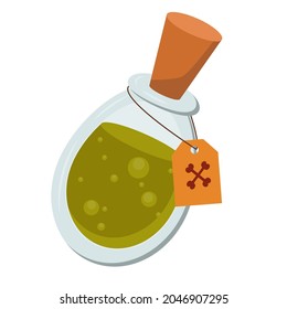 Green potion in a glass bottle with a cork. Chemical flask. Cartoon bottle of potion. Vial with a magic potion isolated on a white background. Poison in a jar with bubbles. Vector illustration for