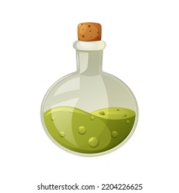 Green potion in a glass flask with bubbles. Item of a witch for love spell, poison. Cartoon vector illustration for halloween