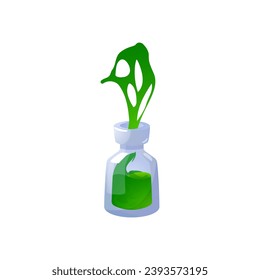 A green potion substance is pouring out of glass bottle. Magic flask with spill out green elixir vector illustration. Witch poison jar gui game asset, alchemist apothecary vials user menu interface