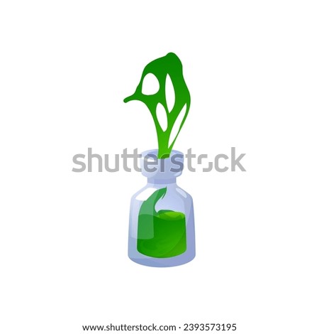 A green potion substance is pouring out of glass bottle. Magic flask with spill out green elixir vector illustration. Witch poison jar gui game asset, alchemist apothecary vials user menu interface
