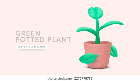 Green potted plant with falling leaf in 3d realistic style isolated on light background. Vector illustration