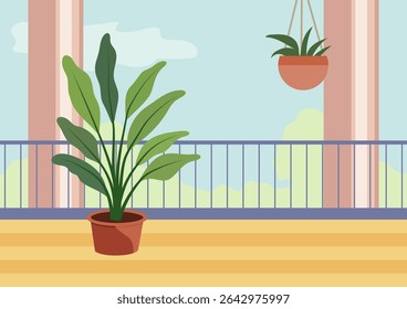 Green potted plant and hanging plant on a balcony railing. Outdoor home decor for nature inspired backdrop.