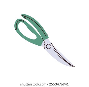 Green poultry shears isolated on white background. Concept of kitchen scissors, cooking utensil, tool. Hand drawing vector flat illustration