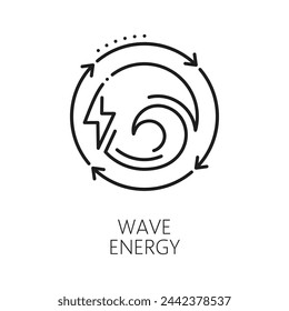 Green power, clean tidal wave energy line icon. Energy alternative source, electricity generation industry or water power plant outline vector symbol or icon with tidal wave and lightning bolt