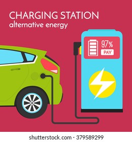 Green power concept. Electric vehicle on charging station