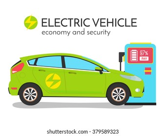 Green power concept. Electric vehicle on charging station