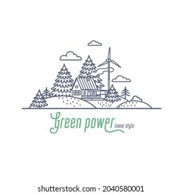Green power concept thin line vector illustration. Windmill energy as an alternative electricity resource for a farm. Outline style vector illustration on white background.