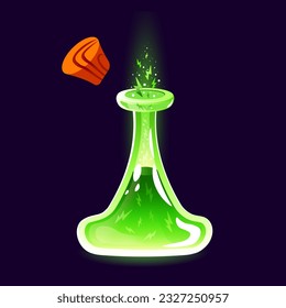 Green power  elixir or energy cure potion cartoon style vector illustration. Liquid in a lab bottle or witchcraft poison
