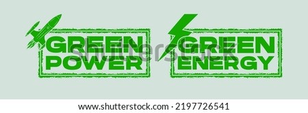 Green power and green energy text design with rocket and lighting icon in grunge frame