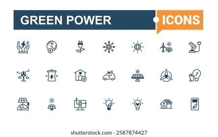 Green Power icons. Contains related to hydroelectric, renewable energy, sunlight, panel, thermal, station, ecological and more. Pixel perfect. Editable vector icon.