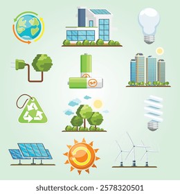 Green power icons. Eco clean energy set. Nature and environment, energy bio sun, recycling green energy vector icons