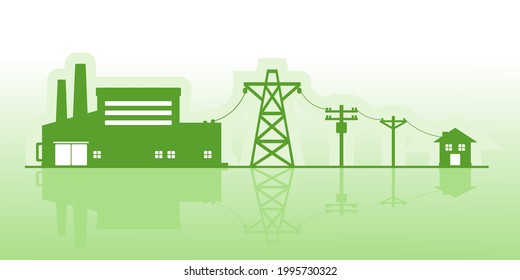 Green power plant generates electricity to transmit electricity to electric poles and house icon flat vector.