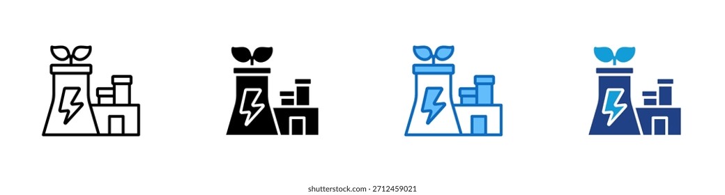 Green Power Plant Multiple Style Icon Design Vector - Factory with leaf and lightning symbol representing eco friendly renewable energy production