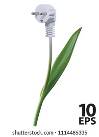 Green power plug with leaves. Vector 3d illustration