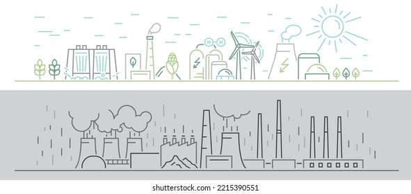 Die Erzeugung von umweltfreundlicher Energie im Vergleich zu umweltschädlicher Energie. Umstellung auf erneuerbare alternative Energien mit geringeren Emissionen. Vektorgrafik. Landschaftshintergrund für Werbung, Druck, Beilage