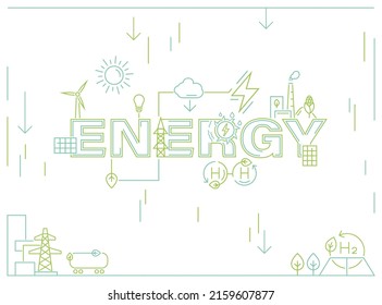 Grüne Stromerzeugung. Künftiges Konzept für ökologische Kraftwerke. Erneuerbare alternative Energien mit geringeren Emissionen. Kreative Rahmentypografie. Bearbeitbare Vektorgrafik. Landschaftshintergrund