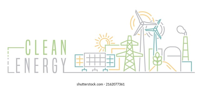 Grüne Stromerzeugung. Künftiges Konzept für ökologische Kraftwerke. Erneuerbare alternative Energien mit geringeren Emissionen. Kreative Rahmentypografie. Bearbeitbare Vektorgrafik. Landschaftshintergrund