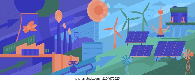 Green Power Production. Future Ecological Powerplant Concept. Transition To Renewable Alternative Energy With Lower Emissions. Vector Illustration. Landscape Background For Ad, Print, Leaflet Cover