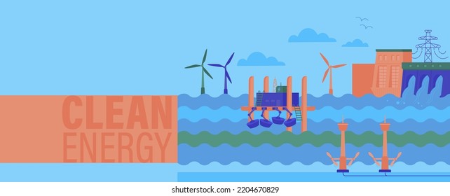 Green power production. Future ecological powerplant concept. Transition to renewable alternative energy with lower emissions. Vector illustration. Landscape background for ad, print, leaflet cover