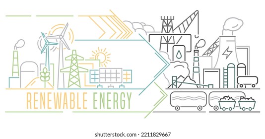 Green power production. Future ecological powerplant concept. Transition to renewable alternative energy with lower emissions. Vector illustration. Landscape background for ad, print, leaflet cover