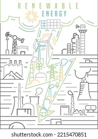 Green power production. Future ecological powerplant concept. Transition to renewable alternative energy with lower emissions. Vector illustration. Portrait background for ad, print, leaflet cover