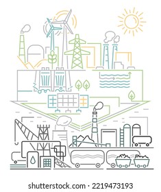 Green power production. Future ecological powerplant concept. Transition to renewable alternative energy with lower emissions. Vector illustration. Vertical background for ad, print, leaflet cover