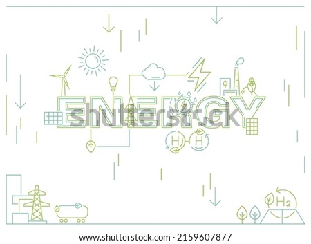 Green power production. Future ecological powerplant concept. Renewable alternative energy with lower emissions. Creative outline typography. Editable vector illustration. Landscape background