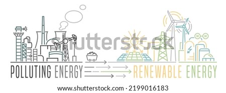 Green power production. Future ecological powerplant concept. Transition to renewable alternative energy with lower emissions. Vector illustration. Landscape background for ad, print, leaflet cover Stockfoto © 
