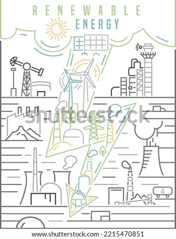 Green power production. Future ecological powerplant concept. Transition to renewable alternative energy with lower emissions. Vector illustration. Portrait background for ad, print, leaflet cover