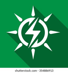 Green power source icon with a flash bolt in the center of a solar icon, resembling renewable energy